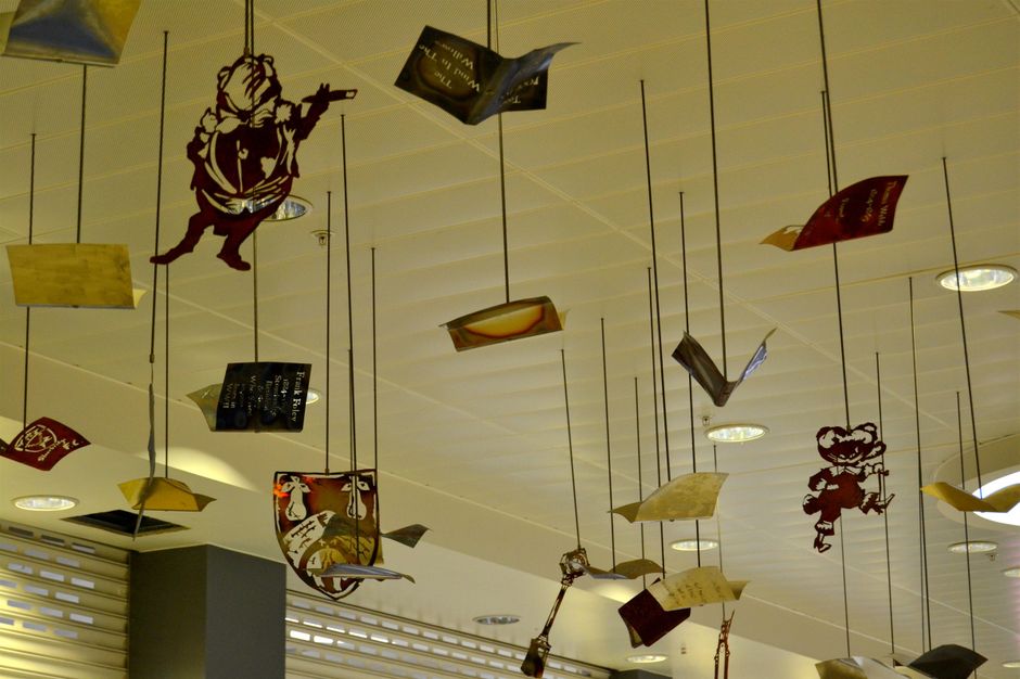 Crown centre. 500 metal hangings relating to literature. ISH