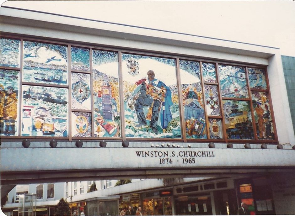 Churchill centre , stained glass by Bainbridge Copnall, commissioned by architect John Lewis, it has now been removed for safety reasons. Photo courtesy of the Lewis estate